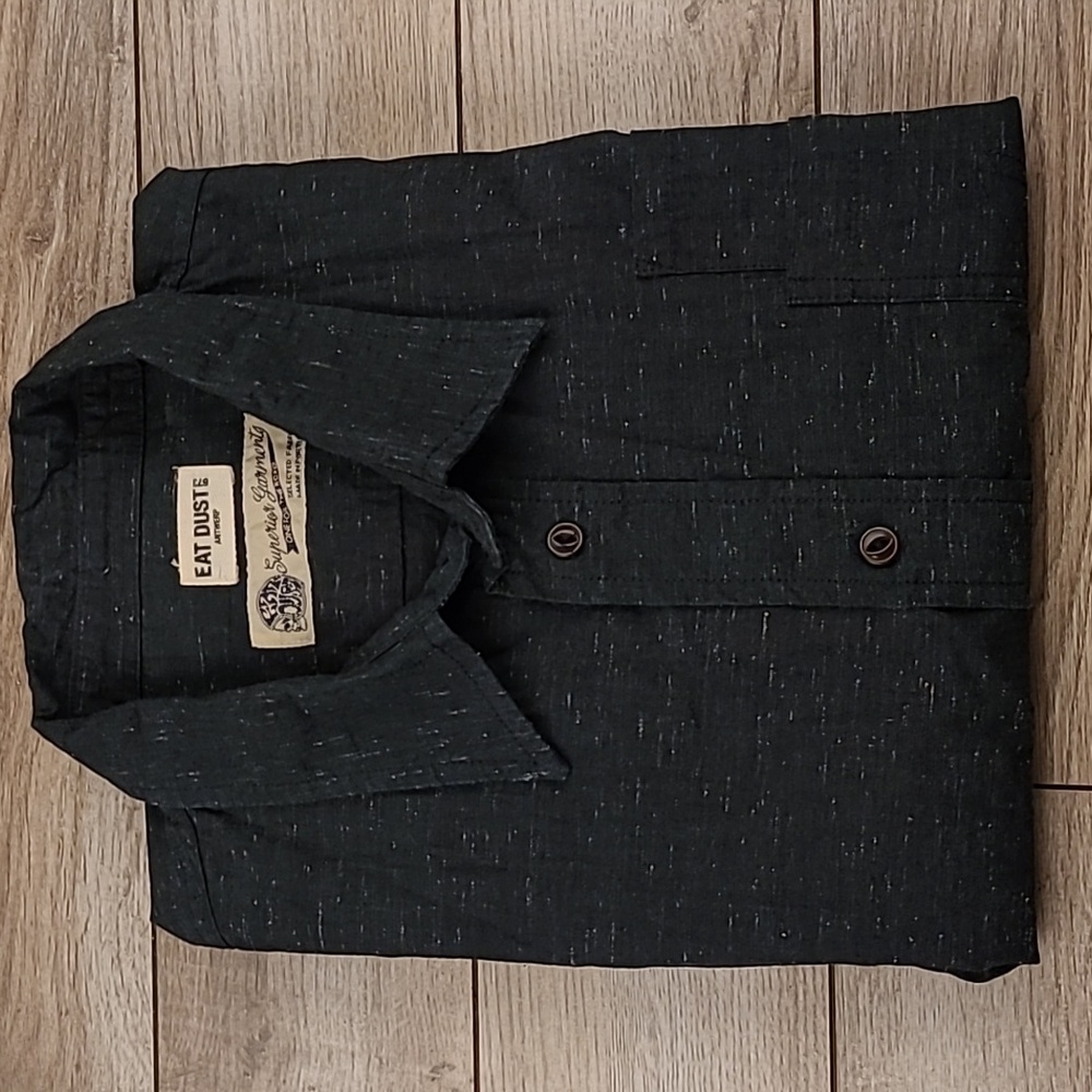 EAT DUST Portugal Dark Grey‎ Flecked Denim Cotton Blend L Mens Long Sleeve Shirt